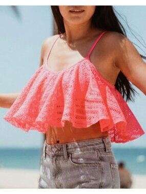 Coral Laser-Cut Ruffle Bikini Top With Adjustable Straps Lightweight & Trendy Sw